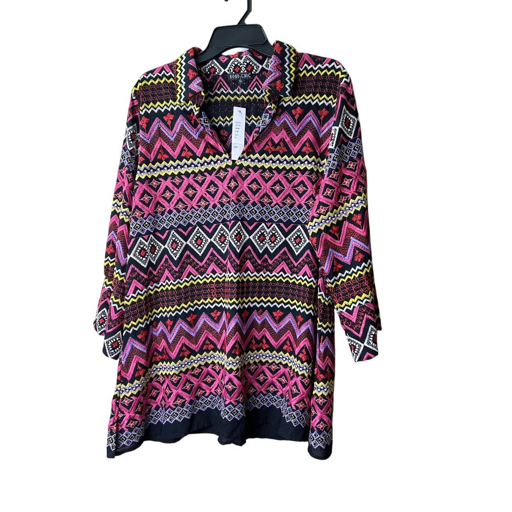 Boho‎ Chic Woven Top Black & Bold Colors Sz XL